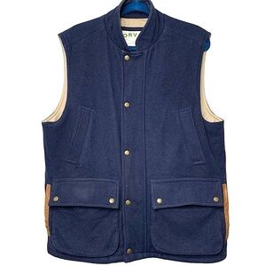 Vintage Orvis Field Jacket Vest Sz M Blue Wool Blend Leather Trim Zip Up Lined